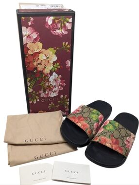 Gucci GG Web Supreme Bloom Floral Slide Sandals Size EU 38